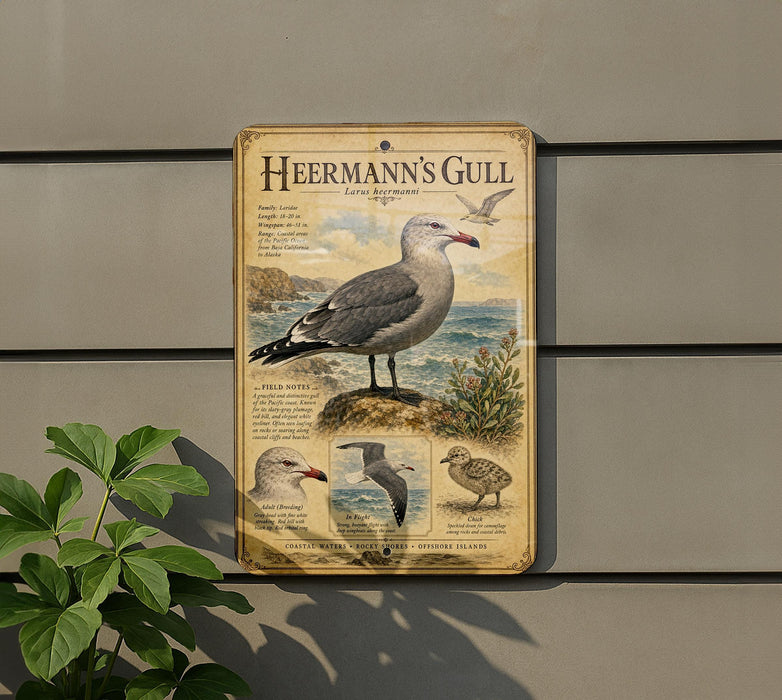a sign for "Hermann's Gull" with a detailed illustration of the bird and its natural habitat.