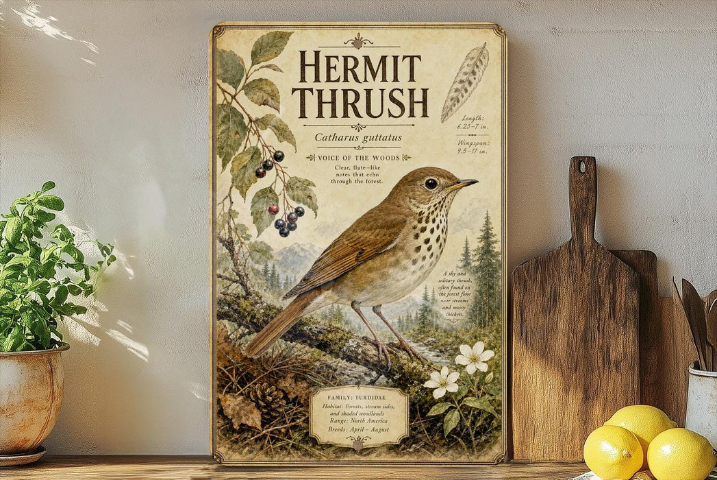 a vintage-style poster of a hermit thrush, a small songbird, with illustrations of berries, leaves, and a bird in flight. The poster is displayed on a shelf next to a wooden cutting board and a potted plant.