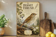 a vintage-style poster of a hermit thrush, a small songbird, with illustrations of berries, leaves, and a bird in flight. The poster is displayed on a shelf next to a wooden cutting board and a potted plant.