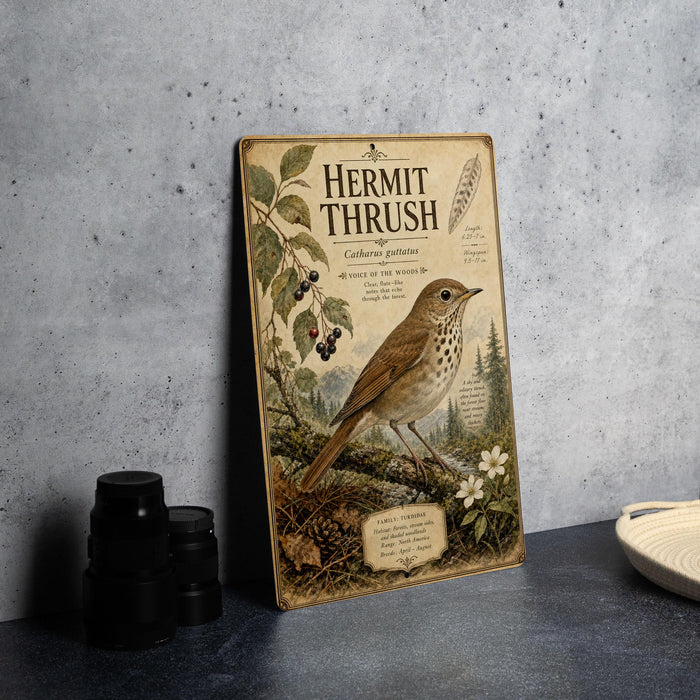a vintage-style metal sign with a bird illustration, placed on a table next to some black camera lenses.