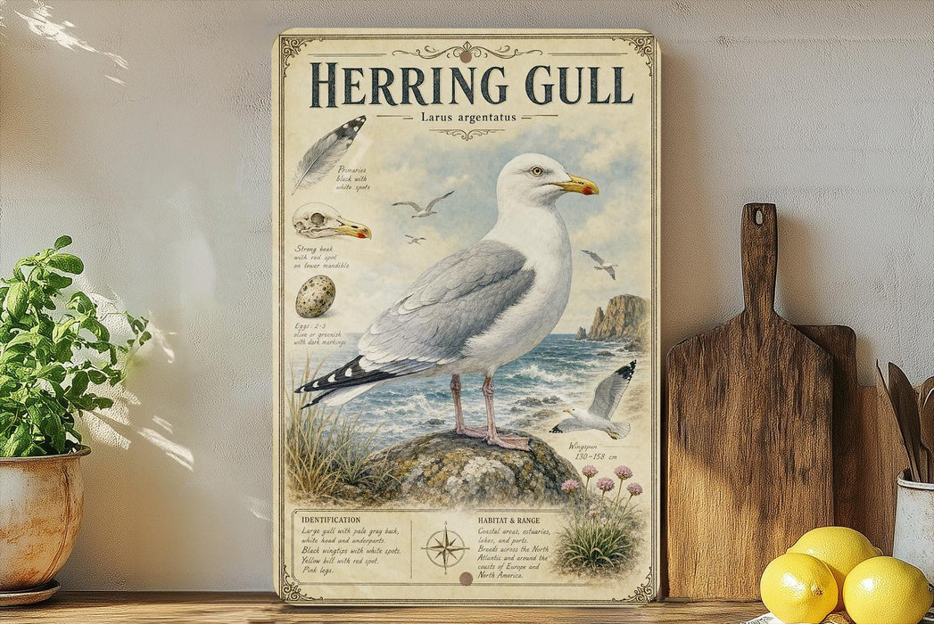 A framed illustration of a Herring Gull, a seabird, is displayed on a shelf next to a wooden cutting board and some potted plants.
