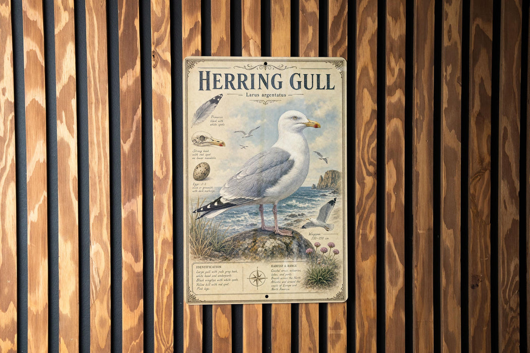 a poster of a seagull, which is mounted on a wooden wall.