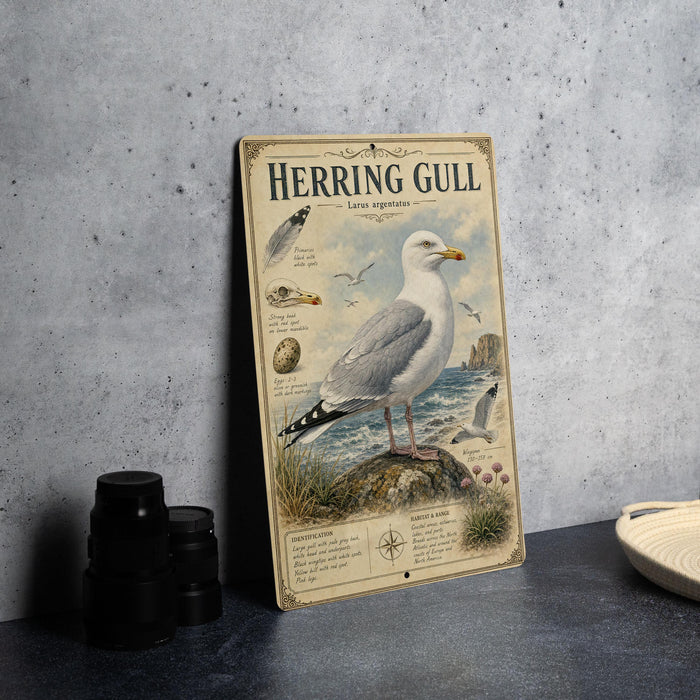 A metal sign with illustrations and text about the Herring Gull, a seabird, is displayed on a table.