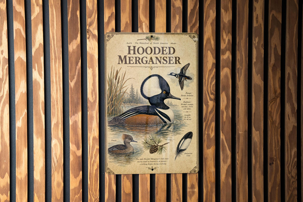 a poster of a hooded merican, a type of bird, displayed on a wooden wall.