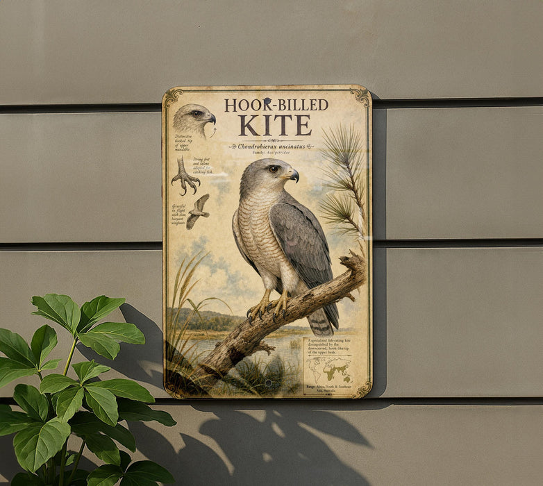 a metal sign with a detailed illustration of a bird, specifically a Hook-Billed Kite, perched on a branch.