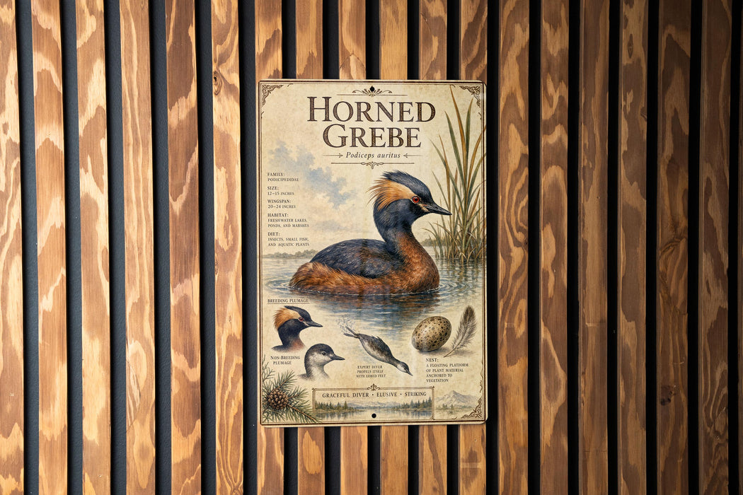 The image is a poster or sign featuring illustrations and text about the Horned Grebe, a type of water bird.