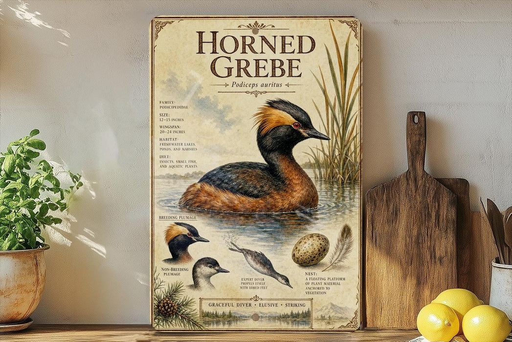 a poster or painting of a horned grebe, a type of water bird, with various illustrations and text providing information about the bird.