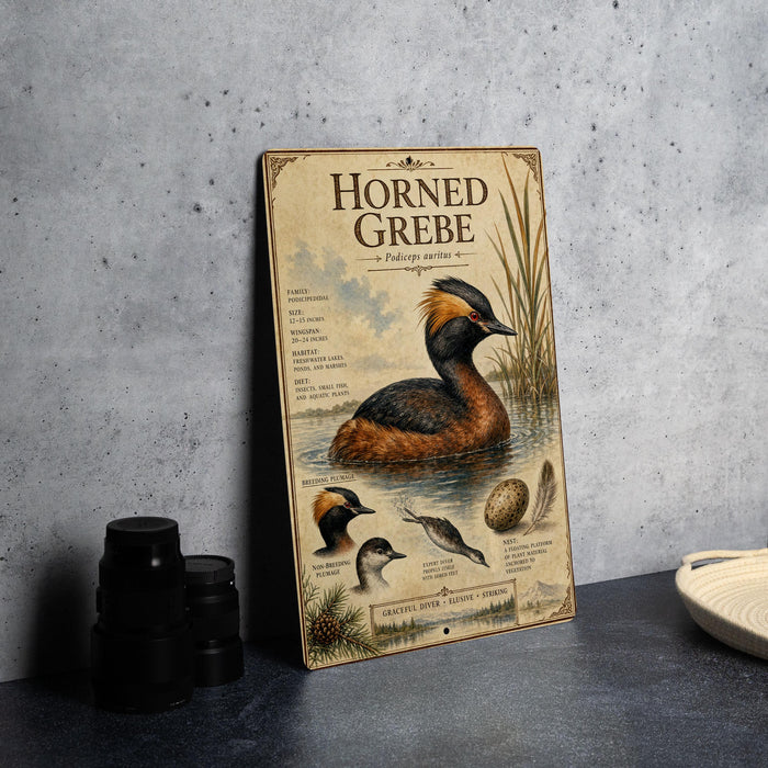 a poster or book cover with an illustration of a horned grebe, a type of water bird, and various text elements related to the bird.