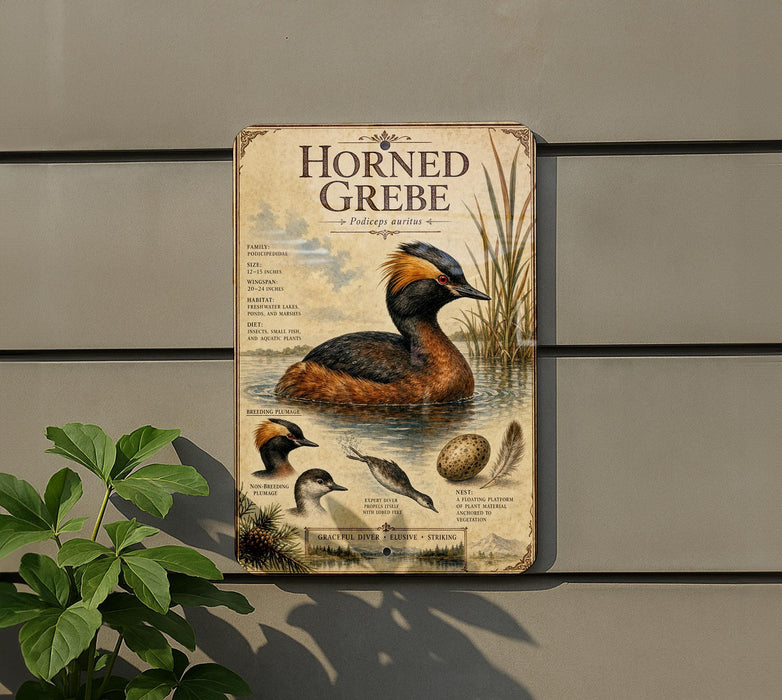 a vintage-style metal sign with illustrations and text about the Horned Grebe, a type of water bird, mounted on a wall.