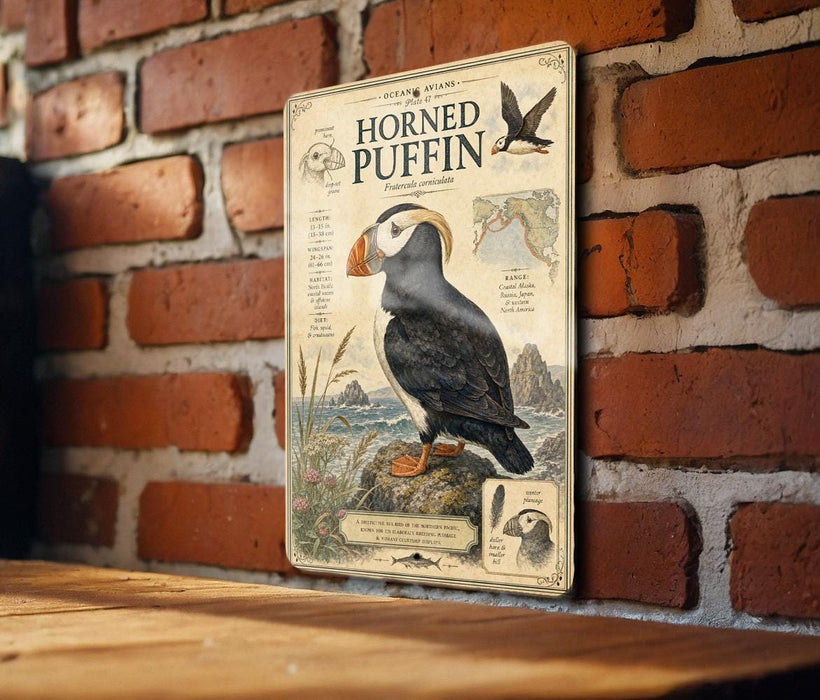 a vintage-style poster of a horned puffin, a type of seabird, mounted on a brick wall.