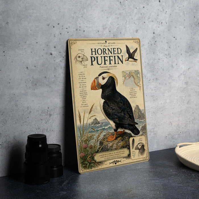 a poster or book cover of a horned puffin, with illustrations and text providing information about the bird.