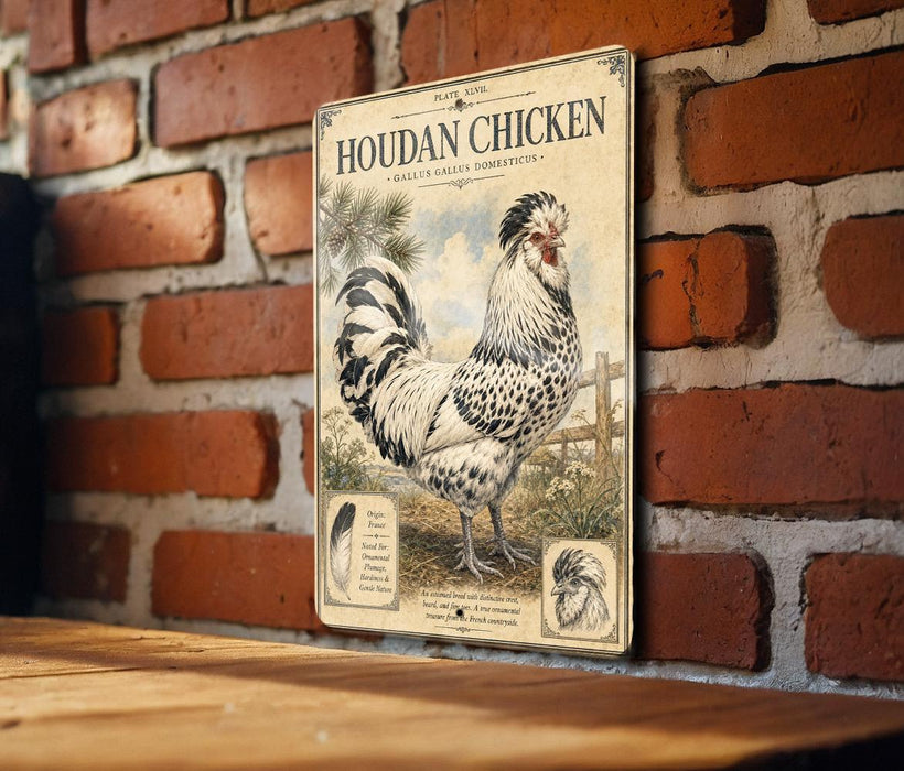 a vintage-style sign with a black and white illustration of a Houdan chicken, mounted on a brick wall.