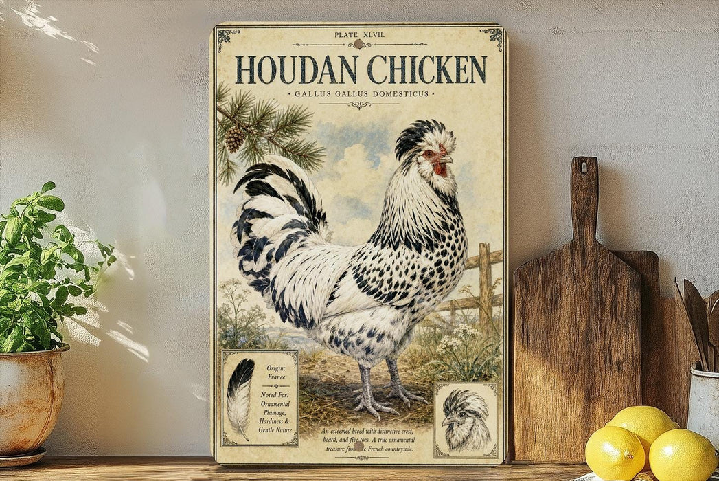 a poster of a Houdan chicken, which is a breed of chicken known for its distinctive appearance and behavior. The poster is displayed on a shelf next to a wooden cutting board and a potted plant.