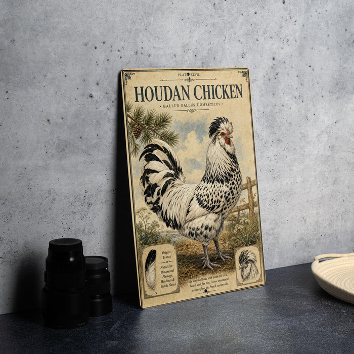 a poster or book cover of a Houdan chicken, which is a breed of chicken known for its distinctive appearance and behavior.