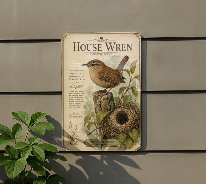 A vintage-style metal sign with a bird illustration and text, mounted on a wall next to a plant.