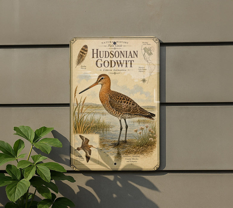 A vintage-style metal plaque featuring an illustration of a bird, likely a hummingbird, standing on a grassy area near a body of water.