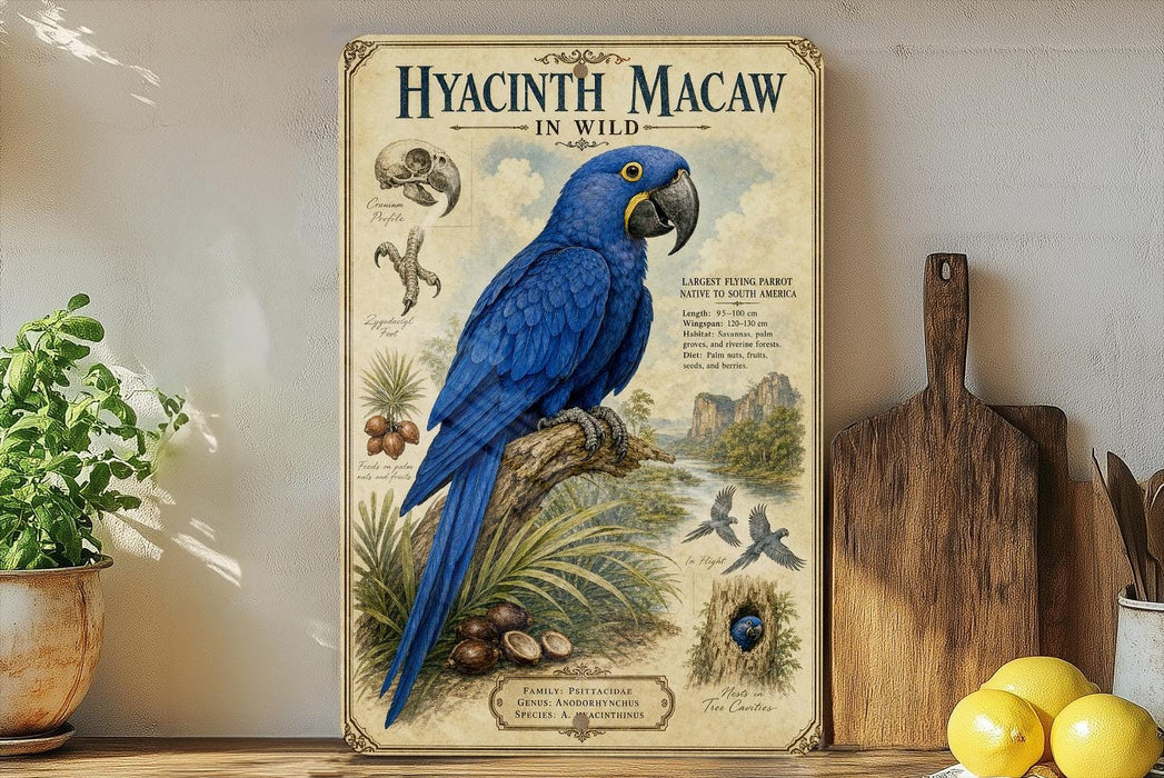 a large blue parrot, specifically a Hyacinth Macaw, perched on a branch. The parrot is surrounded by various tropical elements, including palm trees, fruits, and other wildlife. The image also includes text that provides information about the Hyacinth Macaw, such as its size, habitat, and diet.