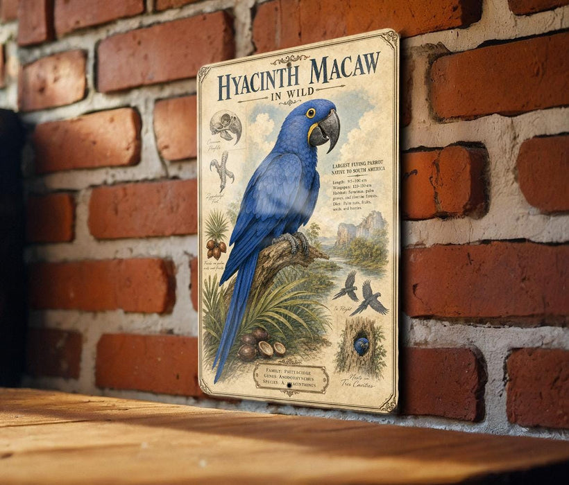 a vintage-style illustration of a blue parrot, likely a Hyacinth Macaw, perched on a branch against a brick wall.