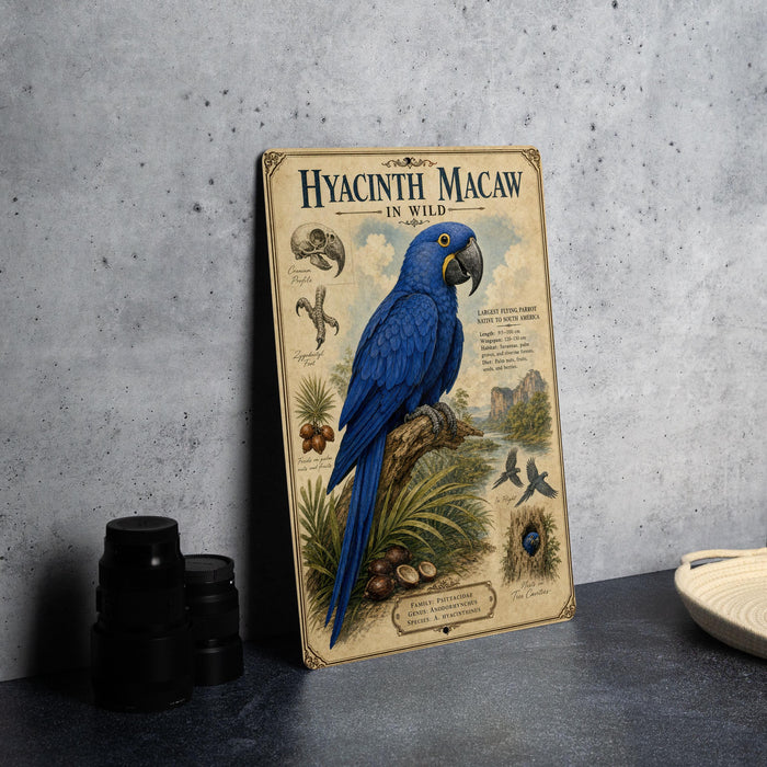 a vintage-style illustration of a blue parrot, likely a hyacinth macaw, perched on a branch surrounded by tropical foliage.