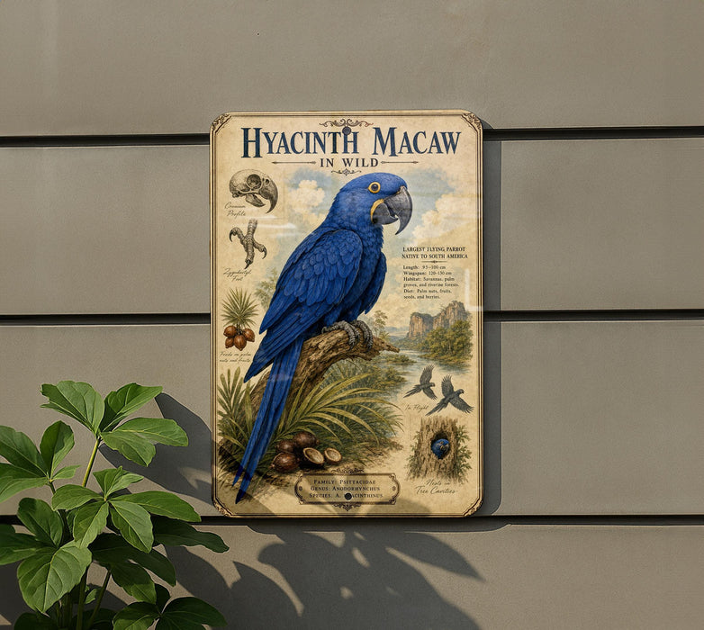 a blue parrot, specifically a Hyacinth Macaw, perched on a branch.