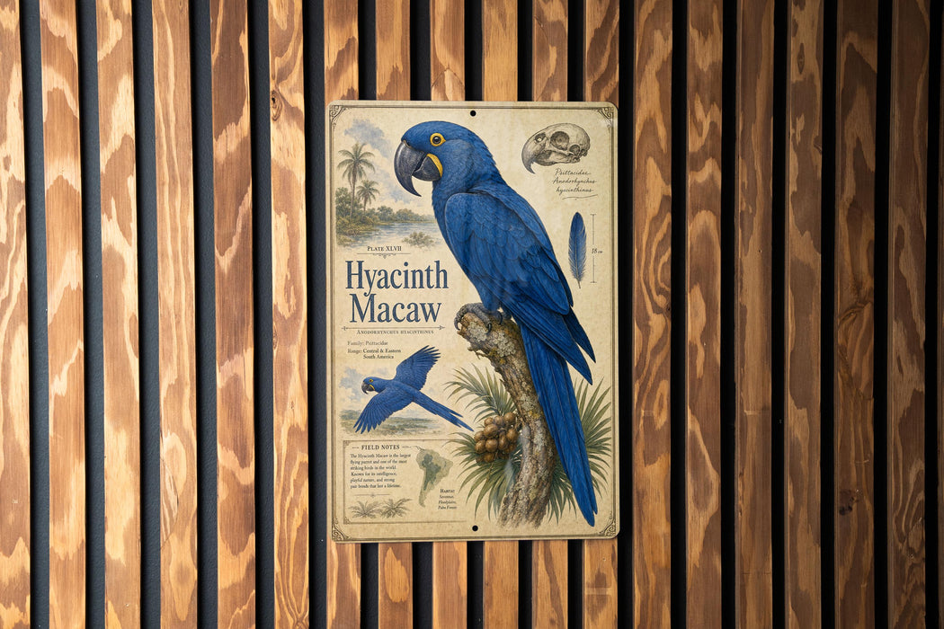 a detailed illustration of a blue hyacinth macaw perched on a tree branch, with various text elements surrounding the bird.