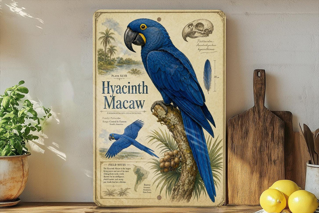 a detailed illustration of a blue hyacinth macaw perched on a tree branch, with various text elements and illustrations surrounding the bird.