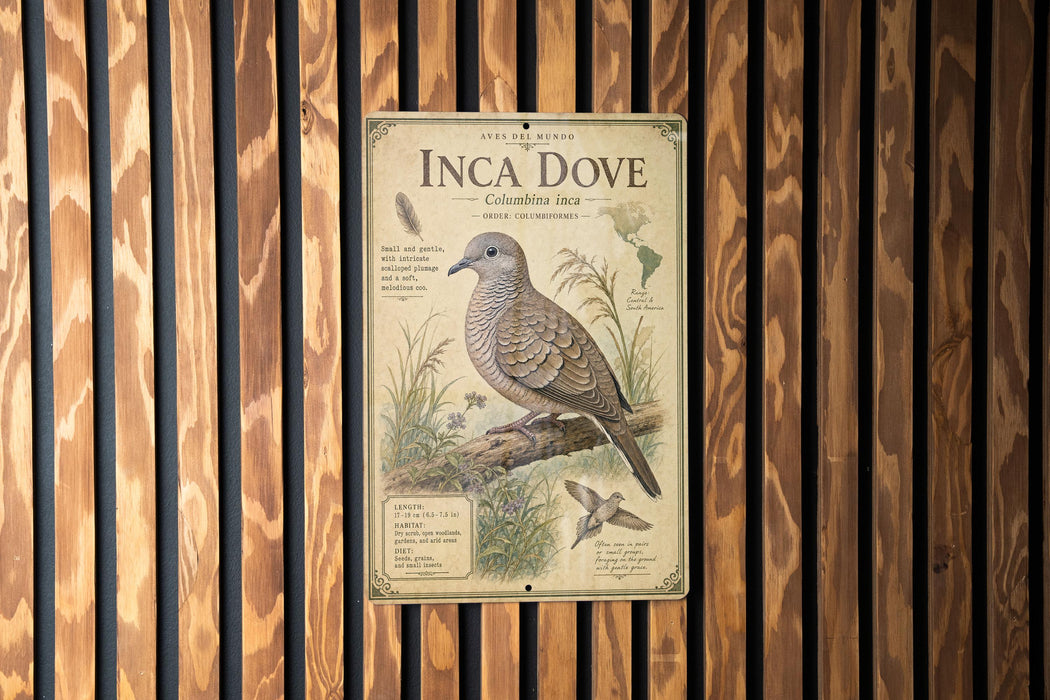 a vintage-style illustration of an Inca dove, with detailed illustrations of the bird and its natural habitat.