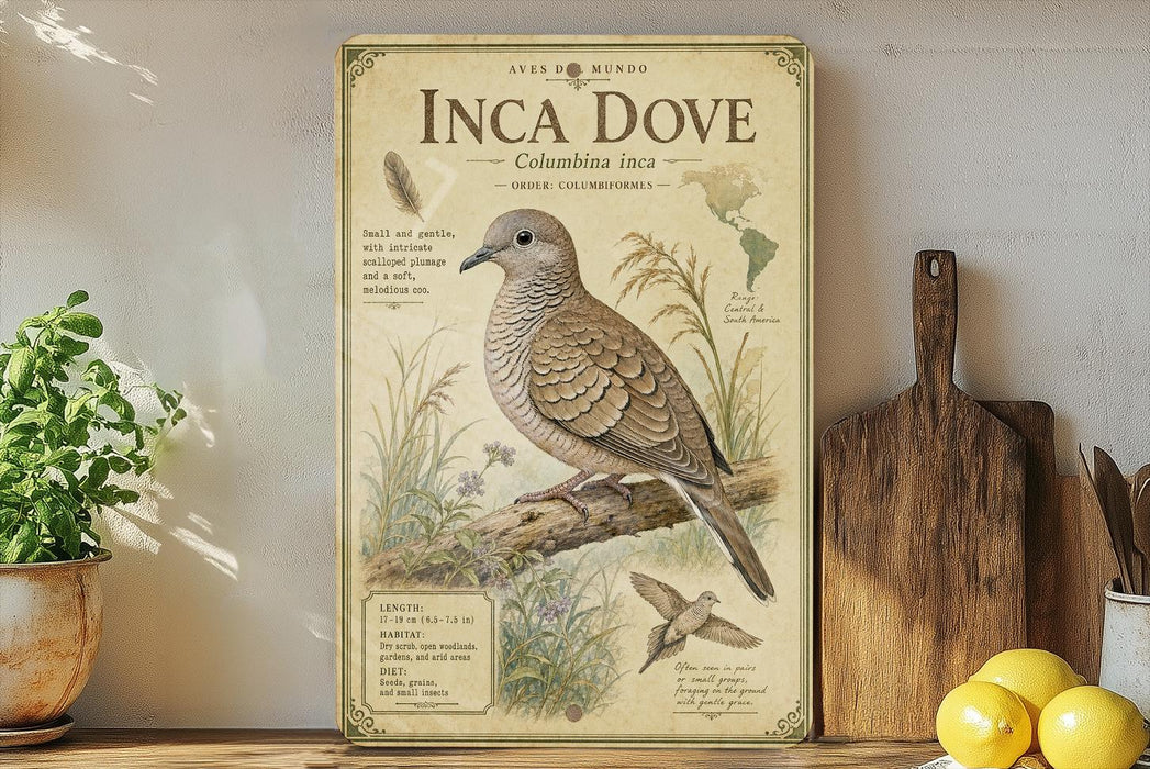 a vintage-style poster of an Inca dove, with a detailed illustration of the bird and its natural habitat. The poster is displayed on a wooden shelf, surrounded by various kitchen utensils and a potted plant.