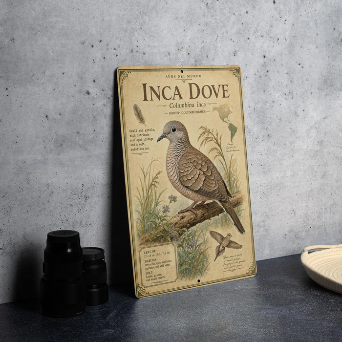 a vintage-style metal plaque with an illustration of an Inca dove, which is a type of bird. The plaque is placed on a table next to some black camera lenses and a woven basket.