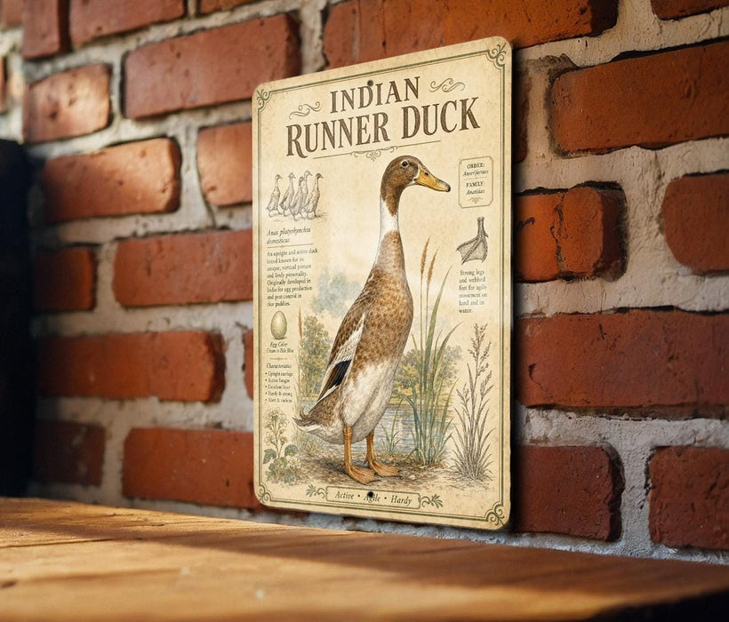 a metal sign with an illustration of an Indian Runner Duck, mounted on a brick wall.