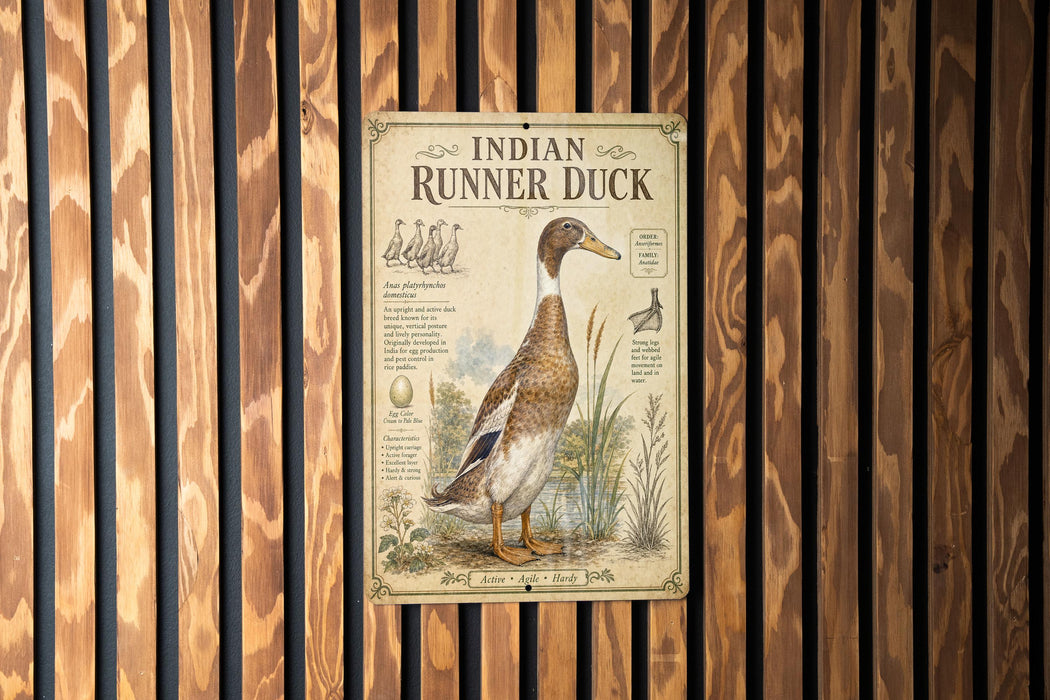 a sign for the Indian Runner Duck, which is mounted on a wooden wall.