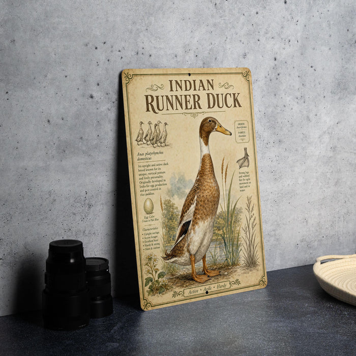 a metal sign with an illustration of an Indian Runner Duck, placed on a countertop next to some black camera lenses.