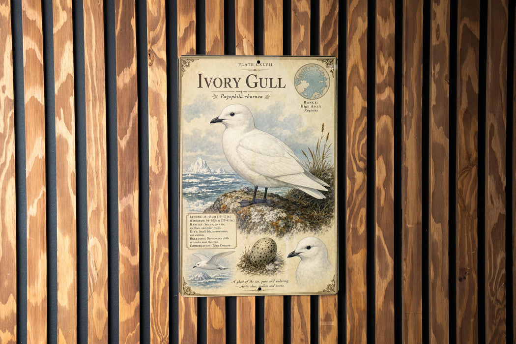 a vintage-style illustration of a white seagull, with a detailed depiction of the bird's features and habitat.