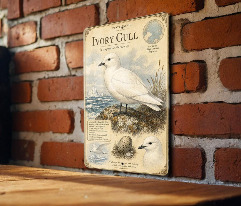 a vintage-style illustration of a white seagull, with additional text and illustrations related to the bird.