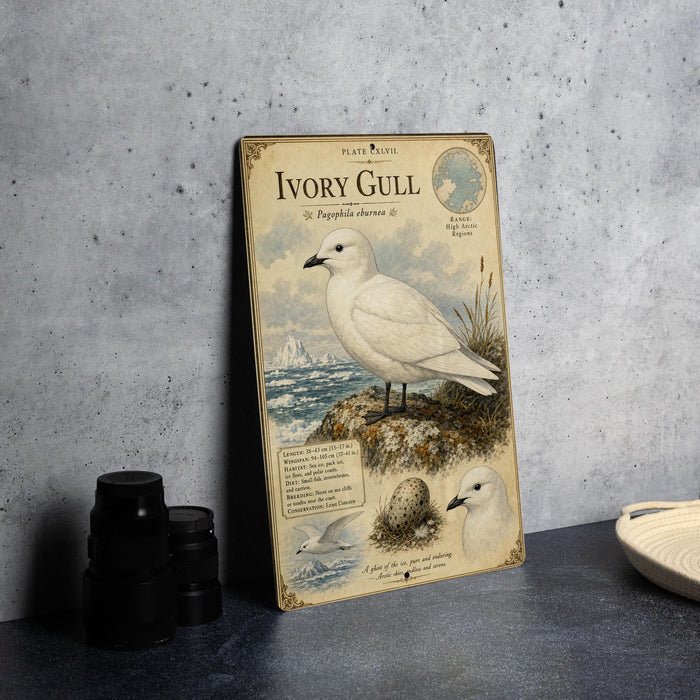 A vintage-style illustration of an Ivory Gull, a large white bird, standing on a rock near the ocean. The illustration includes a detailed depiction of the bird's features and its natural habitat.