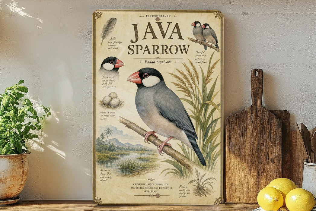 a poster or painting of a Java Sparrow, a small bird with a black and white coloration, perched on a branch. The poster includes illustrations and text that provide information about the bird, such as its size, habitat, and behavior. The poster is displayed on a shelf next to a wooden cutting board and a potted plant, creating a homely and nature-inspired setting.