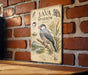 a vintage-style illustration of a Java Sparrow on a brick wall, with additional illustrations and text providing information about the bird.