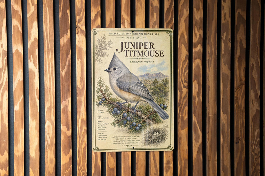 a metal sign with a bird illustration, mounted on a wooden wall.