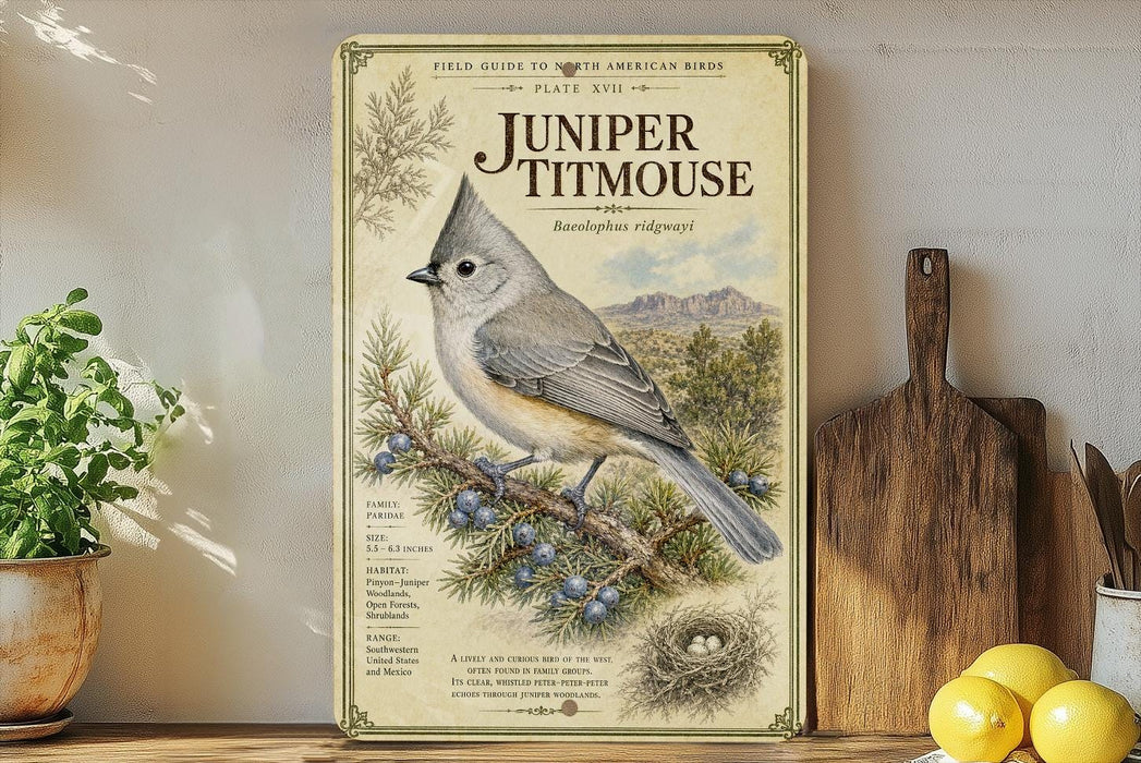 a vintage-style field guide to North American birds, specifically the Juniper titmouse, with illustrations of the bird perched on a pine branch and surrounded by pine needles and blueberries. The guide is displayed on a shelf next to a wooden cutting board and a potted plant, creating a rustic and nature-inspired setting.