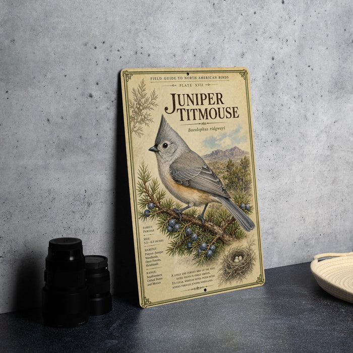 a vintage-style metal sign with a bird illustration, placed on a table next to some black camera lenses.