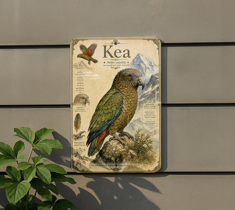 A vintage-style illustration of a kea parrot, featuring detailed illustrations of the bird and its natural habitat, including mountains and vegetation.