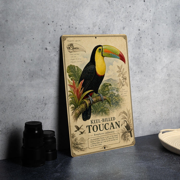 A vintage-style illustration of a toucan, a colorful bird with a large, curved beak, is depicted on a wooden frame. The frame is placed on a gray countertop, with a stack of black camera lenses and a white plate visible in the background.