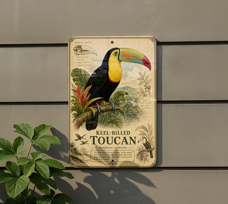 A metal sign featuring a colorful toucan perched on a branch, with text and illustrations related to toucan species.