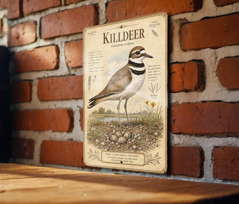 a vintage-style metal sign with an illustration of a Killdeer standing on a rock, mounted on a brick wall.