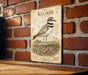 a vintage-style metal sign with an illustration of a Killdeer standing on a rock, mounted on a brick wall.