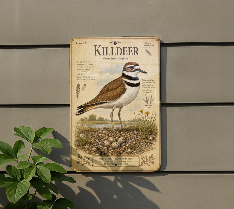 A metal plaque with an illustration of a killdeer standing on a rocky area, surrounded by plants and flowers.