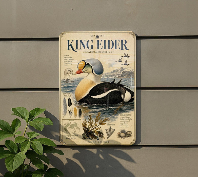 A metal sign with a detailed illustration of a king eider, a large sea bird, is mounted on a wall.