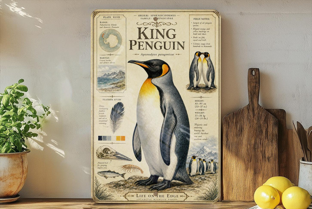 a poster or illustration of a King Penguin, accompanied by various texts and illustrations related to the species.
