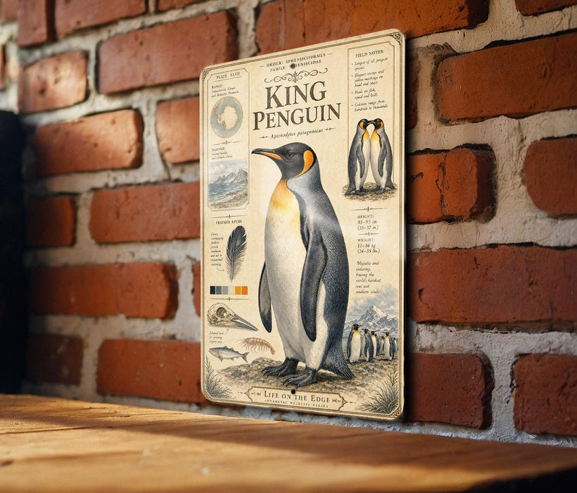 A metal plaque with an illustration of a penguin and various text elements, mounted on a brick wall.