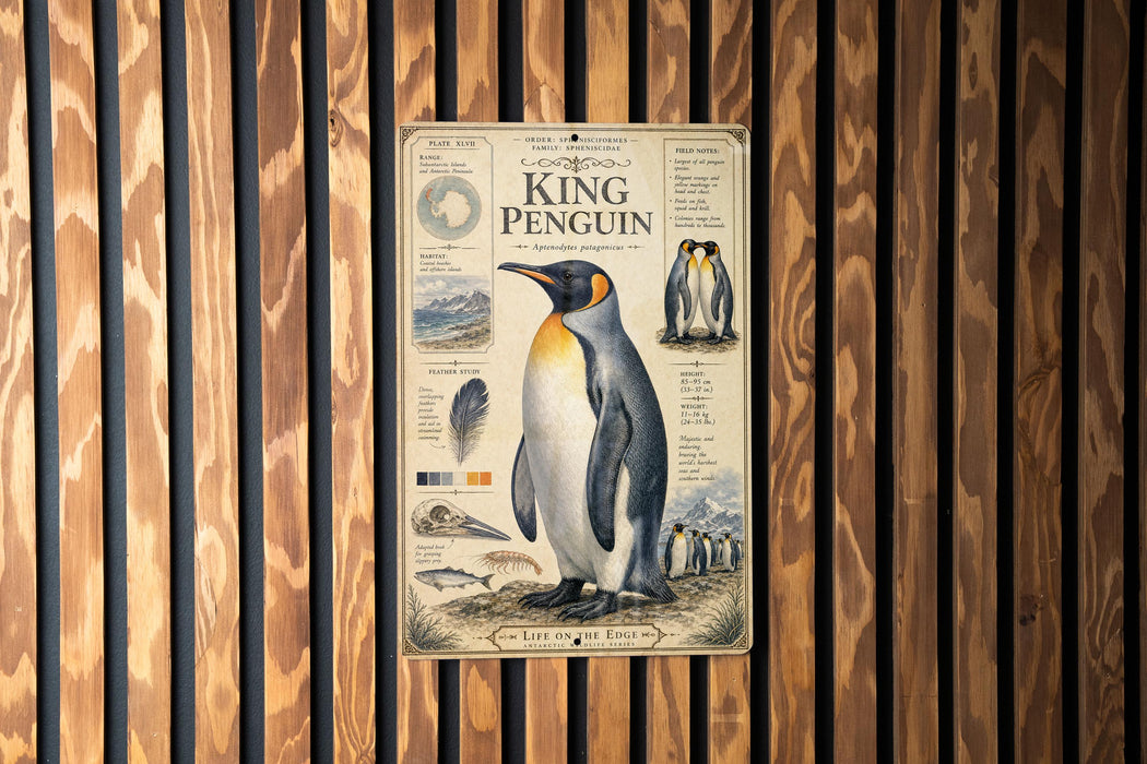 A poster or informational display about the King Penguin, featuring illustrations and text about the species.